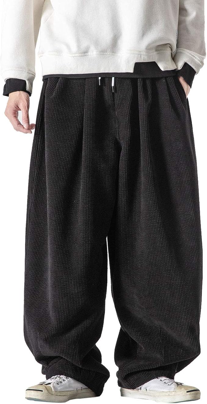 PAODIKUAI Men's Relaxed Fit Baggy Corduroy Pants Elastic Waist Harem