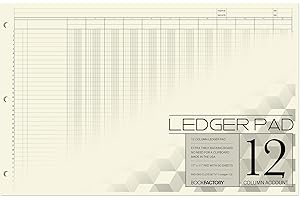 BookFactory Ledger Pad/Large 12 Column Accounting Ledger Columnar (Twelve Columns) Pads - 17'' x 11'', 50 Pages, Notepad Landscape Format (Made in USA)