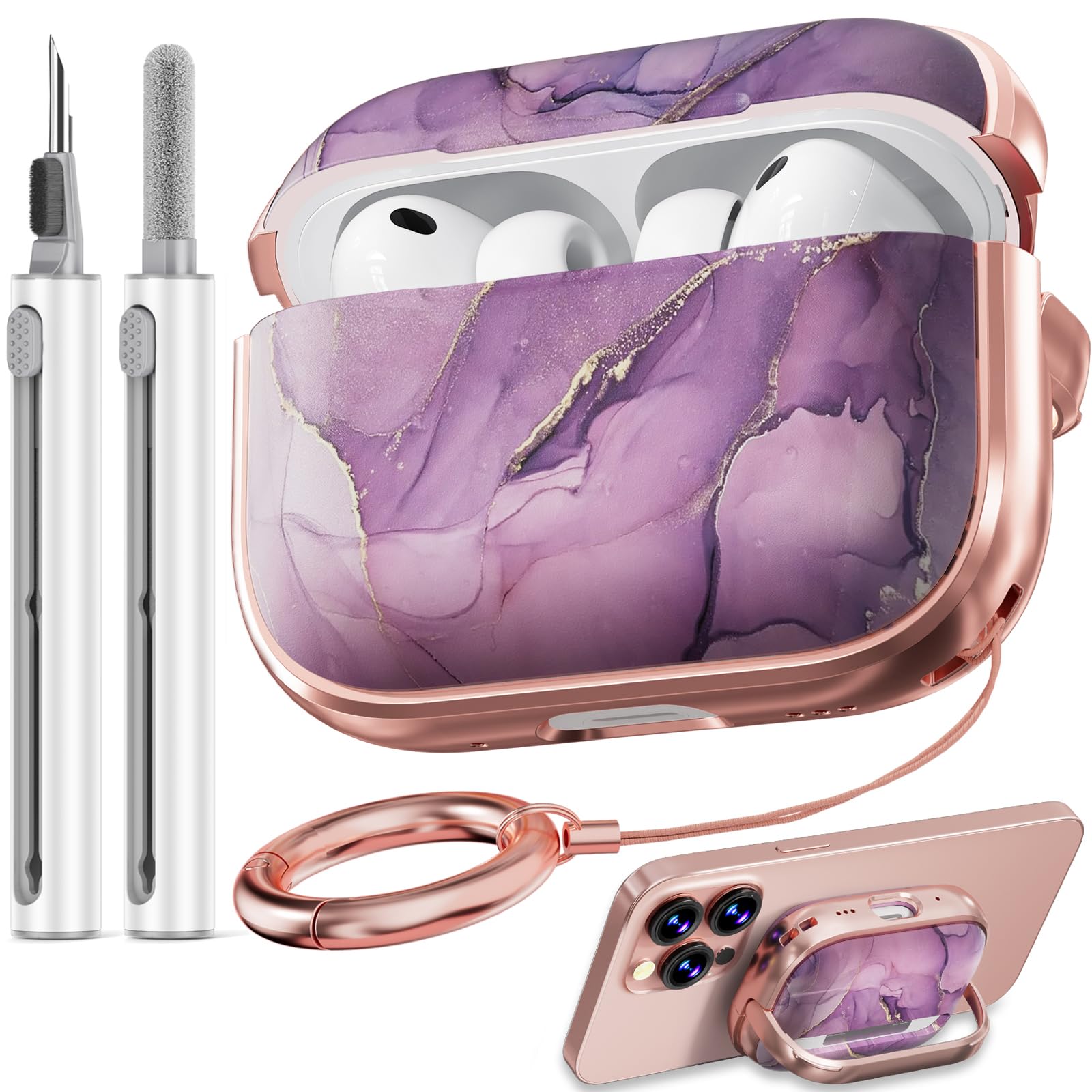 Photo 1 of Inesore for AirPods Pro 3 Case 2025 with Lock, for Women Girly Floral Cute Case Compatible with Apple Airpods Pro 3rd Generation Cover, with Phone Stand,Keychain & Cleaner Kit-Purple Gold Marble