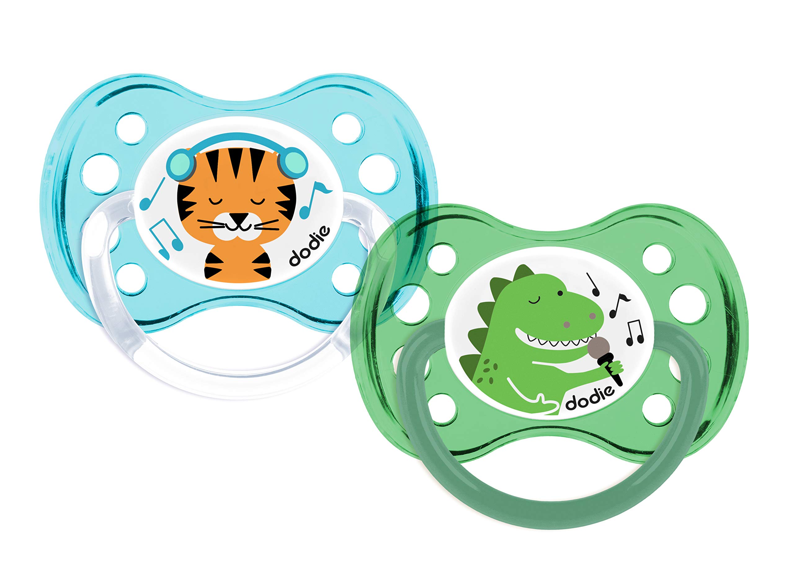 Dodie Set of 2 Anatomical Tiger & Dinosaur Soothers + 6 Months