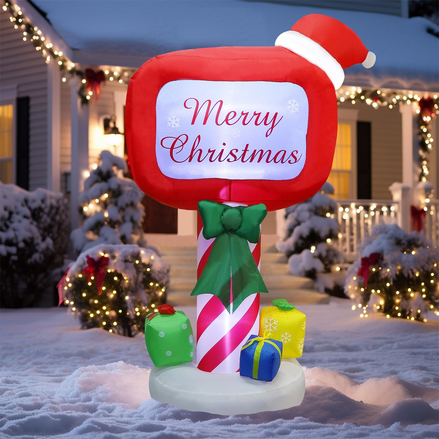 Photo 1 of Juegoal Christmas Inflatables Outdoor Decorations, 6FT Inflatable Xmas Standing Mailbox, Lighted Blow Up Letters to Santa Mail Box with LED Lights, Light Up Holiday Winter Lawn Yard Garden Decor
