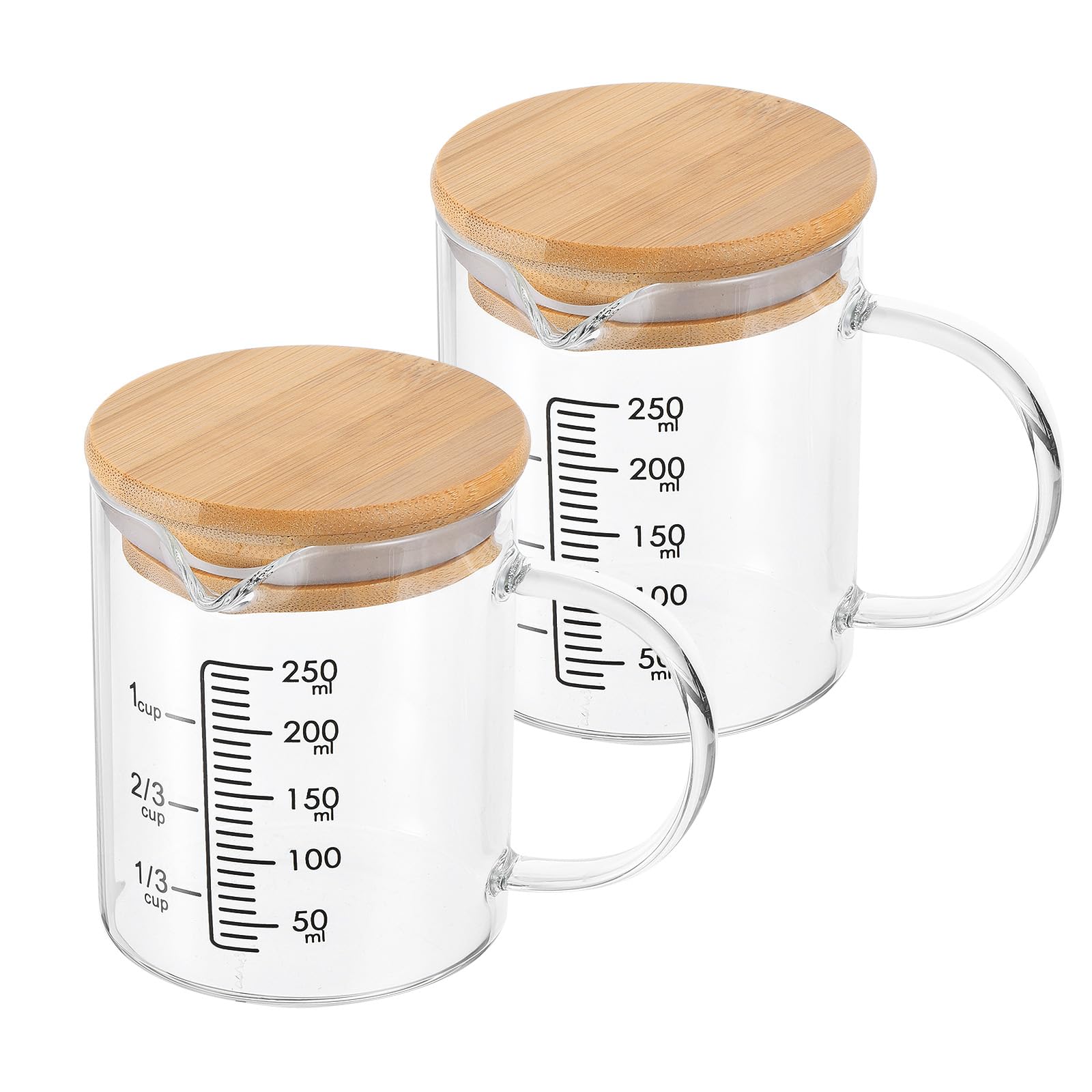 PATIKIL 250ml Glass Measuring Cup, 2 Pack 3.3 Borosilicate Glass Graduated Black Printed Scale Liquid Measure Cups Beaker with Wood Lid and V-Shaped Spout for Kitchen