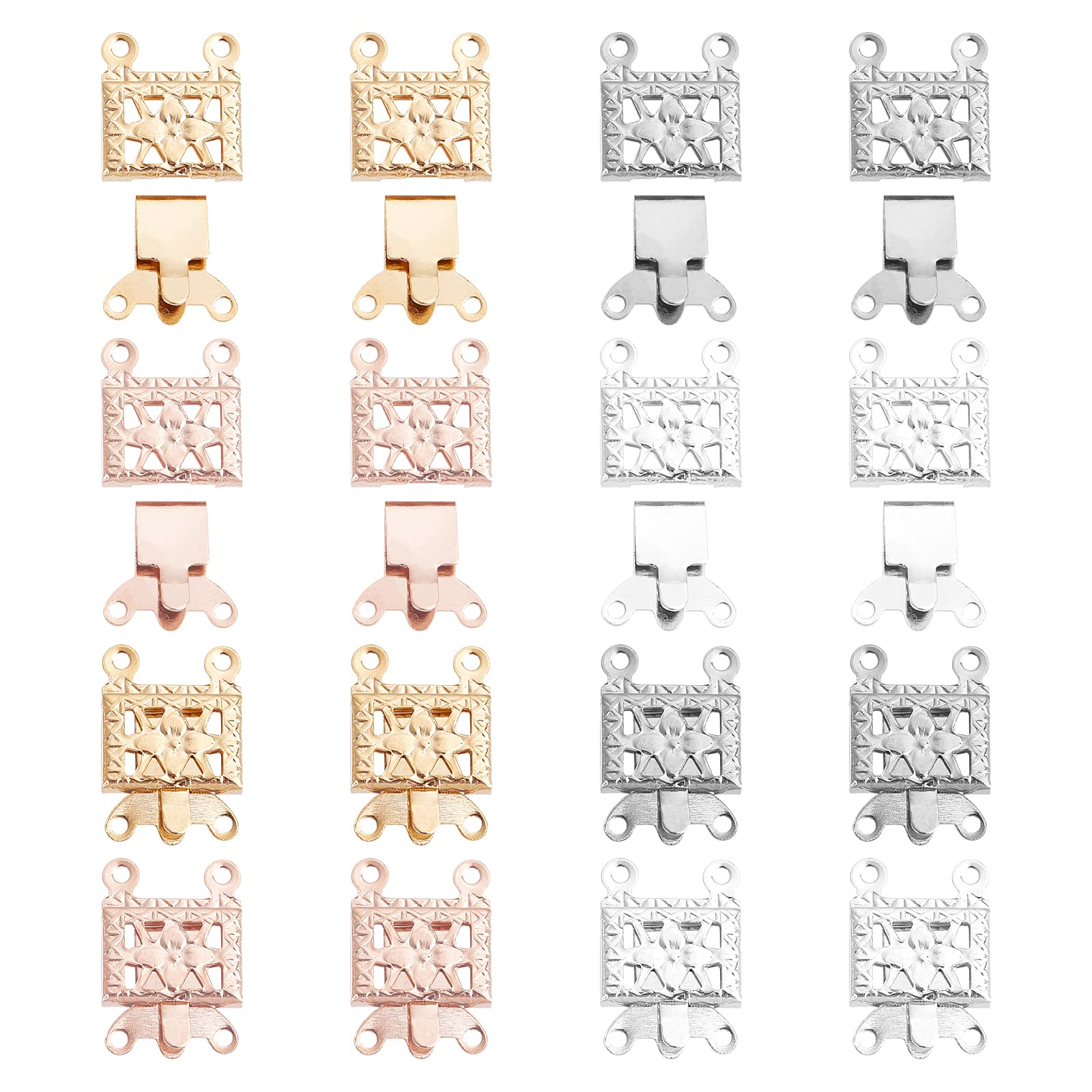 UNICRAFTALE 40 Sets 4 Colors Rectangle with Flower Necklace Clasps 2-Strands Clasps 4-Holes Stainless Steel Box End Clasp Lock Necklace Clasp for Jewelry