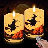 ASLDOIWEH 3x4 Halloween Flameless Candles Set of 2, Battery Candles with Remote Timer, Real Wax Realistic Flickering LED Pillars with Decals Pumpkin Witch for Halloween Party Decorations, Ivory