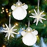 JQAQJU Coastal Christmas Seashell Starfish Ornaments 4PCS Handmade Natural Sea Shells & Starfish Crafts Christmas Tree Hanging Ornaments, for Xmas Coastal & Beachy Theme Angel & Snowflake Decor