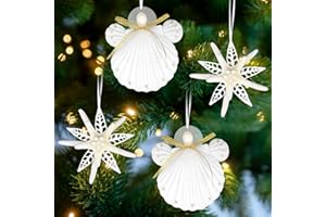 JQAQJU Seashell Starfish Ornaments for Christmas Tree 4PCS Angel Ornaments & Snowflake Ornaments Handmade Natural Seashells & Starfish Crafts, for Coastal & Beach & Nautical Christmas Tree Ornaments