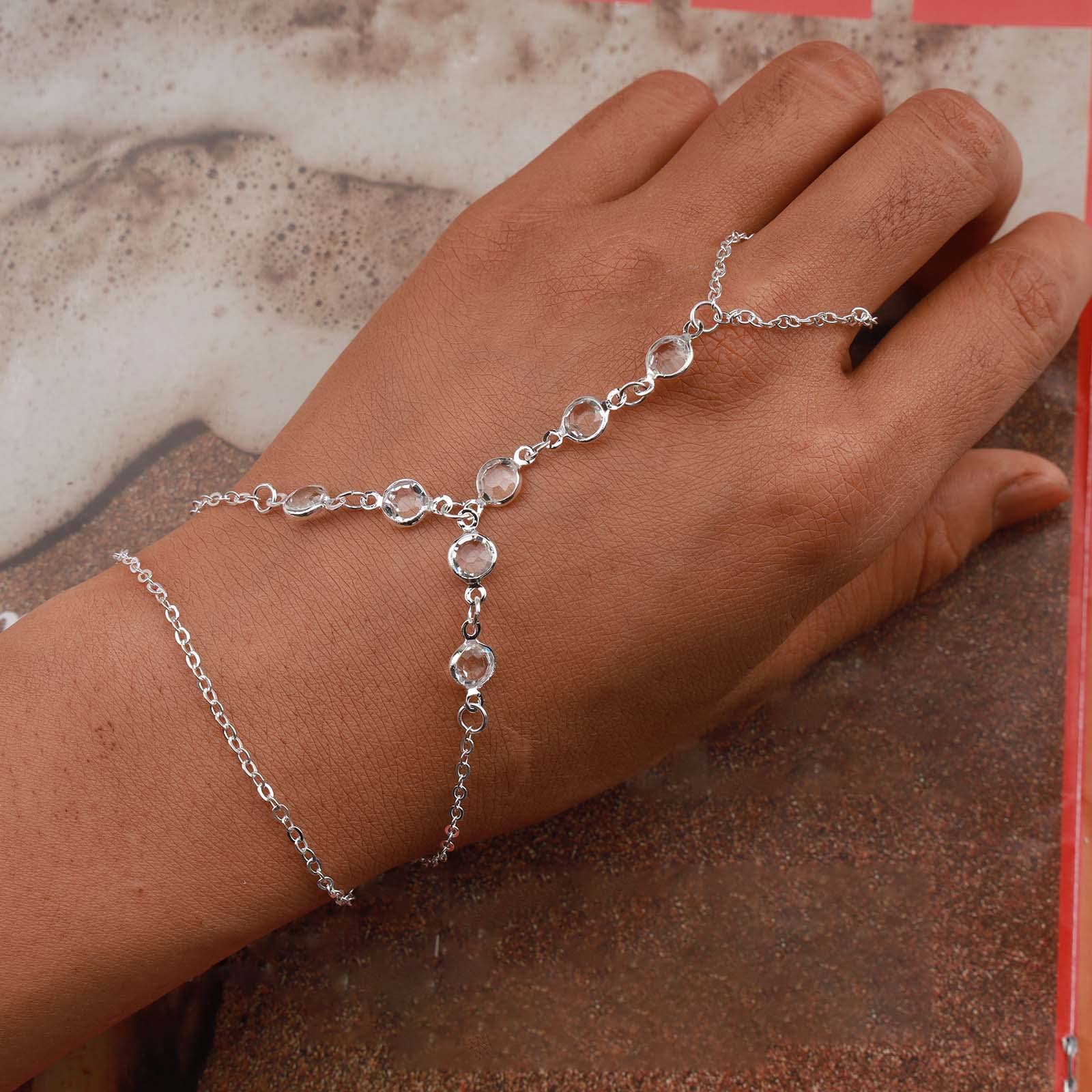 TseenYi Crystal Slave Ring and Bracelet Boho Layered Chain Silver Fashion Beach Wedding Jewelry for Women and Girls (1 Pcs)