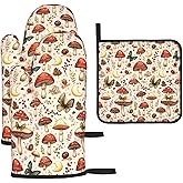 Mushroom Pot Holders and Oven Mitts Set, Botanic Farmhouse Potholders and Oven Mitts for Baking Cooking Grilling BBQ, Mushroom Gifts for Women Chef Baker
