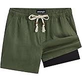 maamgic Mens Casual Linen Shorts 5/7 Inch Elastic Waist Drawstring Summer 2 in 1 Beach Short with Pockets