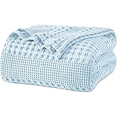 PHF 100% Cotton Waffle Weave Blanket Queen Size for Bed, Soft Lightweight & Breathable for Spring and Summer, All-Season Comfort, Luxury Aesthetic Blanket for Home Decor, 90"x90", Baby Blue