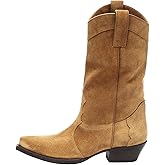 YIYA Women's Western Suede Cowboy Mid Calf Boots Classic Pointed Toe Chunky Low Heels Cowgirl Boots