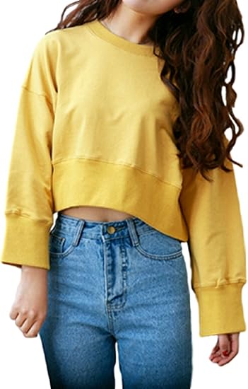 Amazon Co Jp Elpis レディース トップス トレーナー スエット ショート丈 へそだし お腹見せ セクシー カジュアル シンプル イエロー 服 ファッション小物