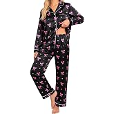 Silk Satin Pajamas Set for Women Long Sleeve 2 Piece Sleepwear Loungewear | Soft Lightweight Pjs Long Pants Notch Collar Lounge Sets Button Down Cute Pajama for Sleep, Daily, Wedding, Patry, Home