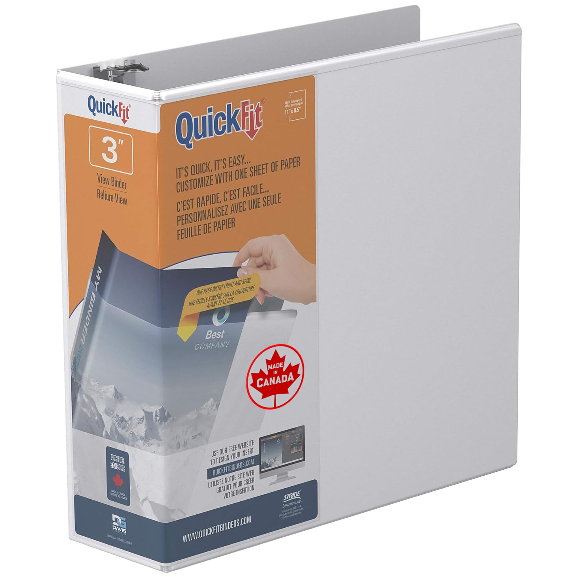 Stride® QuickFit® Angle D-Ring View Binders, 625-Sheet Capacity, 3" Rings, 47% Recycled, White 87050