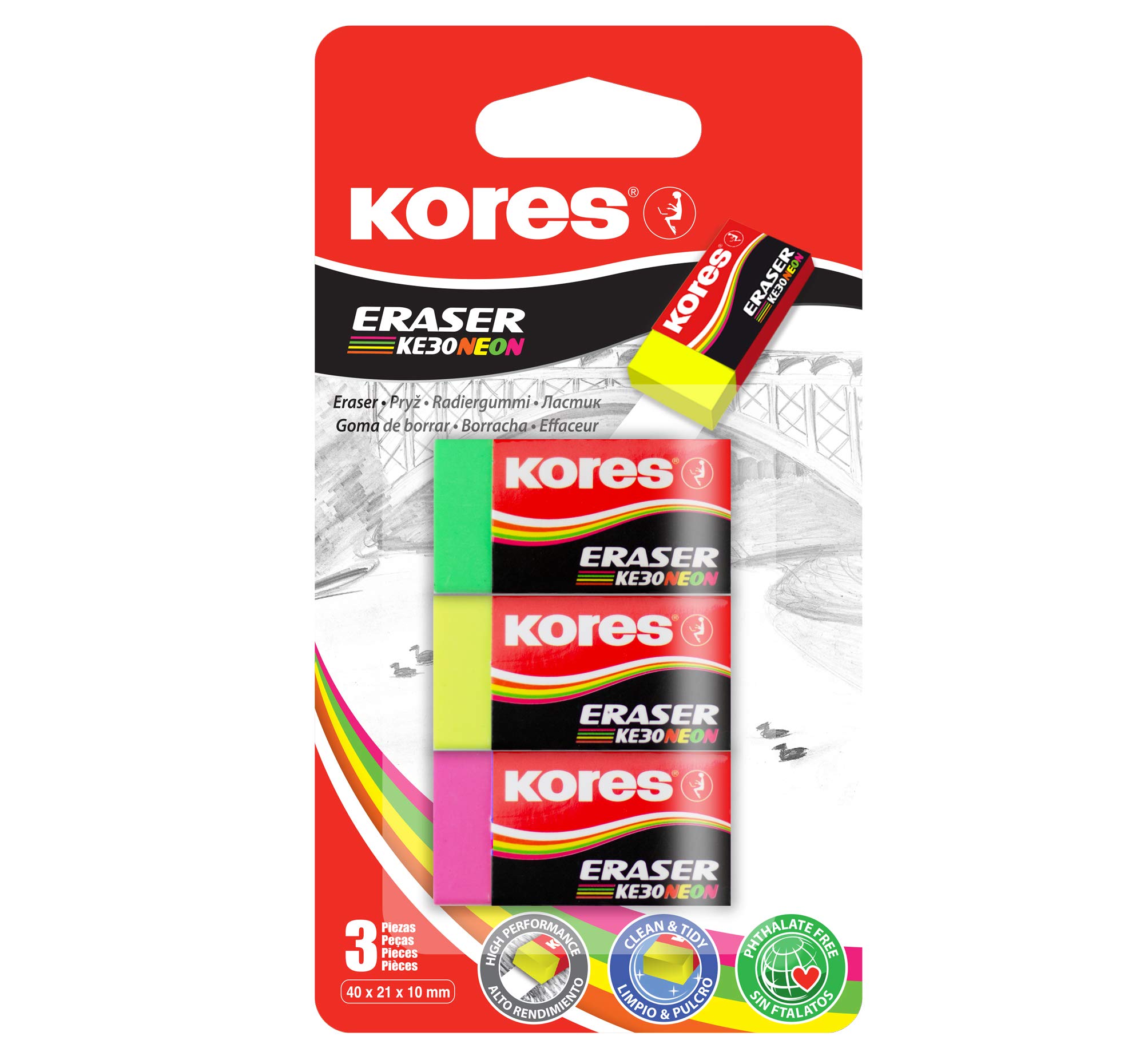 Kores - PVC Erasers - Neon Erasers with Paper Sleeve - 40 x 21 x 10 mm - School Supplies, Back to School, Cute Stationery, Office Supplies - Pack of 3 in Assorted Colours