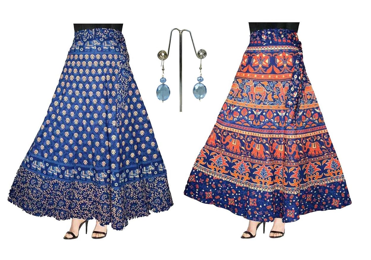 eshopitude 3pcs combo jaipuri cotton wrap around skirts with beautiful earring