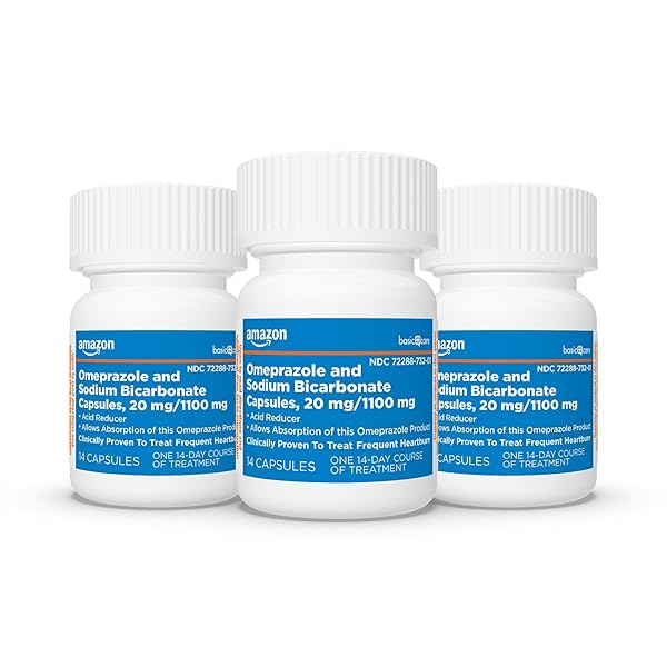 AMAZON BASIC CARE OMEPRAZOLE AND SODIUM BICARBONATE CAPSULES, 20 MG/1100 MG, 24-HOUR ACID REDUCER, FREQUENT HEARTBURN RELIEF, 42 COUNT