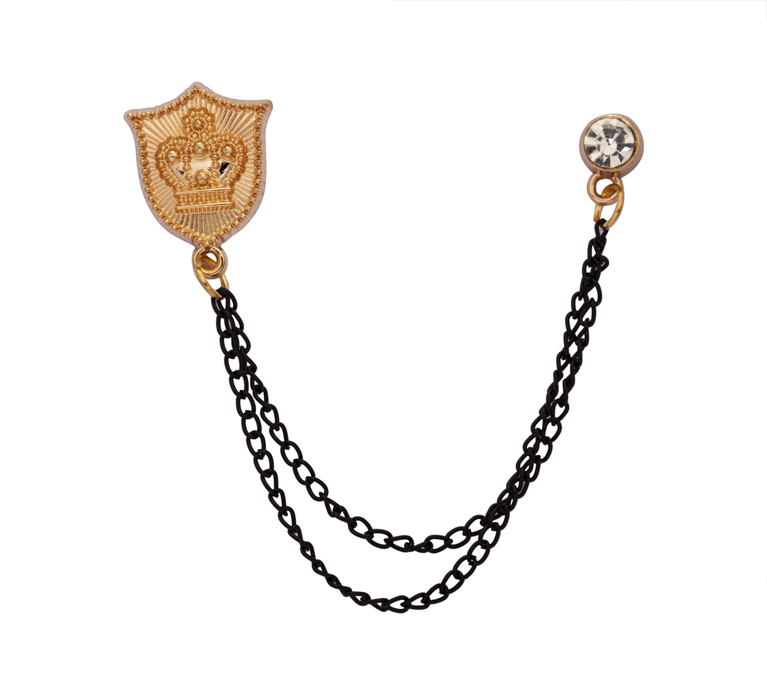Brooch Lapel Pin for Men Golden Shield with Crown Engraving and Black Hanging Crystal Chain Lapel Pin Badge Coat Suit Wedding Gift Party Shirt Collar Accessories