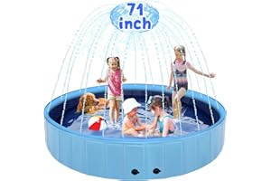Eooqi 71" Large Dog Pool with Sprinkler, 2-in-1 Foldable Swimming Pool Non-Slip Hard Plastic Splash Sprinkler Kiddie Pool for Outdoor Backyard Kids Dogs Ducks and Pet Baths