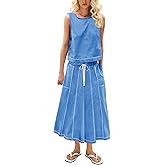 HOWALOOK Women’s 2 Piece Cotton Skirt Set Sleeveless Draped Tank Top Drawstring Midi Skirt Y2K Lounge Outfits