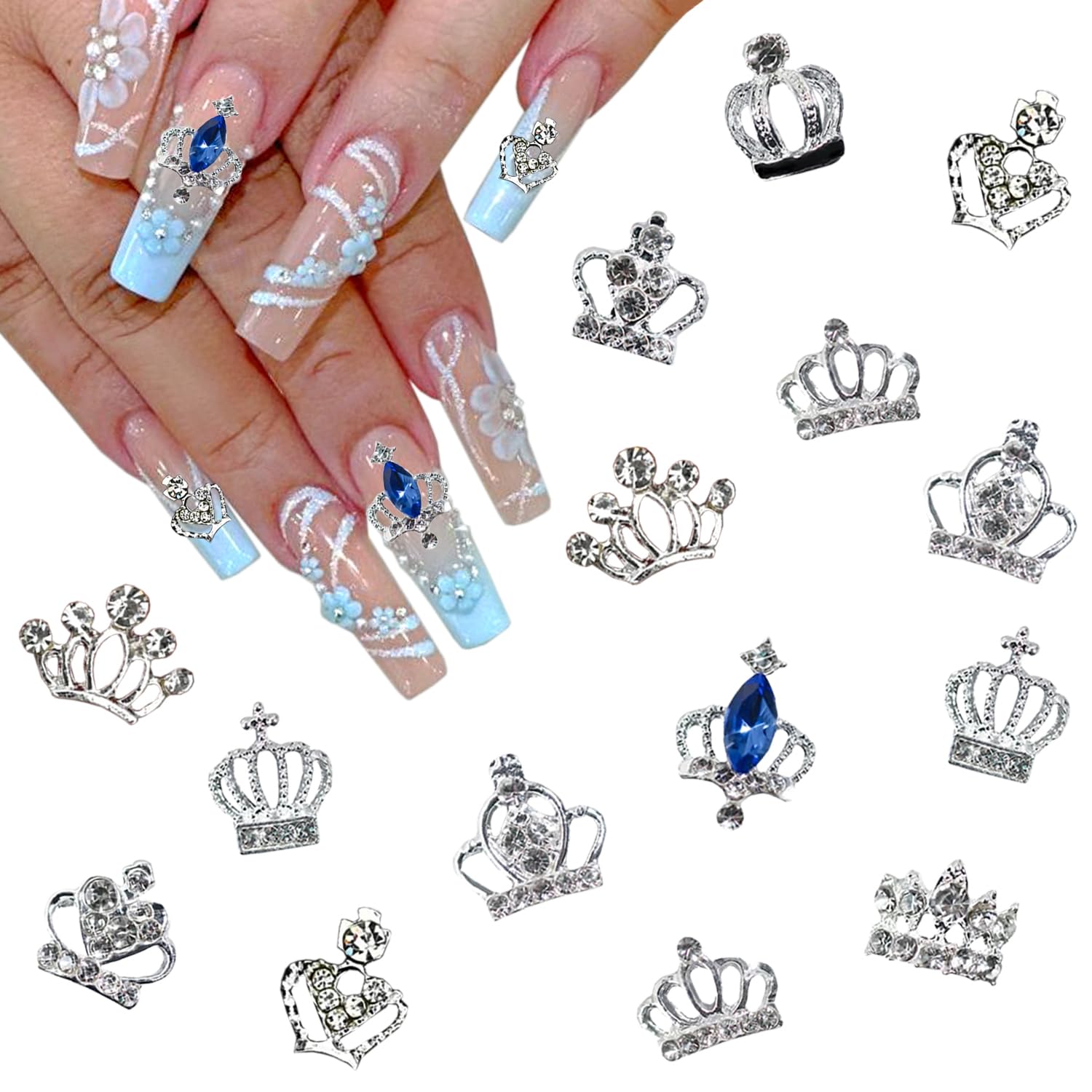 Photo 1 of Glitter Crown Nail Charms for Nail Art 15Pcs Shiny Silver Nail Art Charms Hollow Alloy Crown Nail Rhinestones Exquisite Bling Blue Nail Gems Crystal Crown Nail Jewelry for Women DIY Nail Decoration