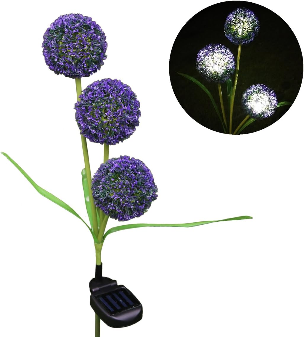 Outdoor 3-Head Dandelion Flower Solar Lights Waterproof Pathway Light for Patio Lawn Garden Balcony Illumination (Purple)