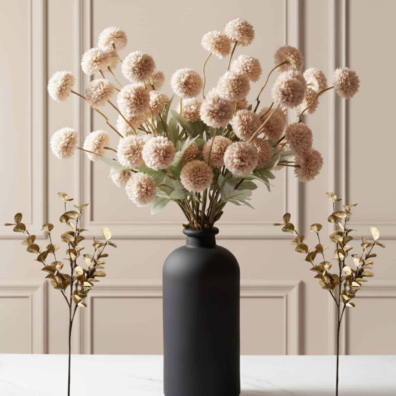 Photo 1 of **VASE NOT INCLUDED**
Beige Fake Flowers Silk 10 Mum Stems Eucalyptus Arrangement, Faux Flowers For Vase, Artificial Mums, Mini Floral Long Stem, Tan Nude Cream Neutral Floral, Chrysanthemum Pom Pom Floral Arrangement