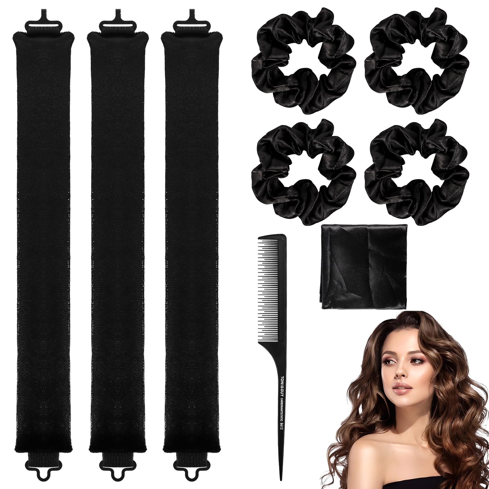 9 Pieces Heatless Blowout Rods Suit, Heatless Hair Curler Set Hair Rods (No Damage to Hair), Overnight Blowout Rods Kit, Thick Heatless Curls&Hair Bands&Tail Comb