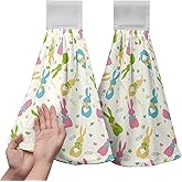 Kwlegh Easter Cute Bunny Hanging Towels Set of 2 Colorful Bunnies Bow Tie Hand Towels Seasonal Spring Holiday Kitchen Towels with Hanging Loop Soft Absorbent Fast Drying Bath Towel for Bathroom