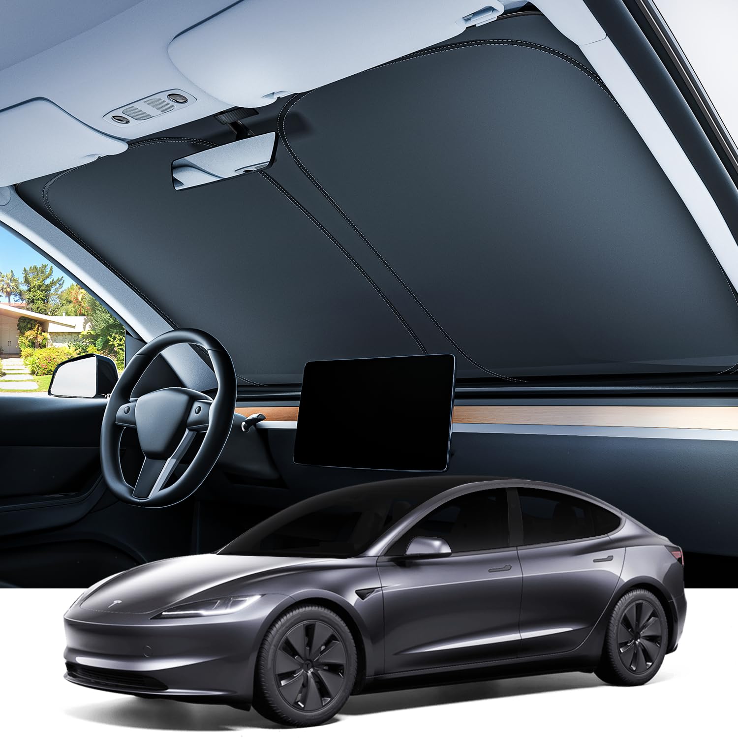 Photo 1 of REEVAA 2025 Upgraded Tesla Model 3 Highland Sunshade Windshield [Tailored Fit, 99% Sun Protection] Foldable and Easy-Use Sunshade Accessories with Storage Bag Fit Model 3 2016-2025, Silver Coating