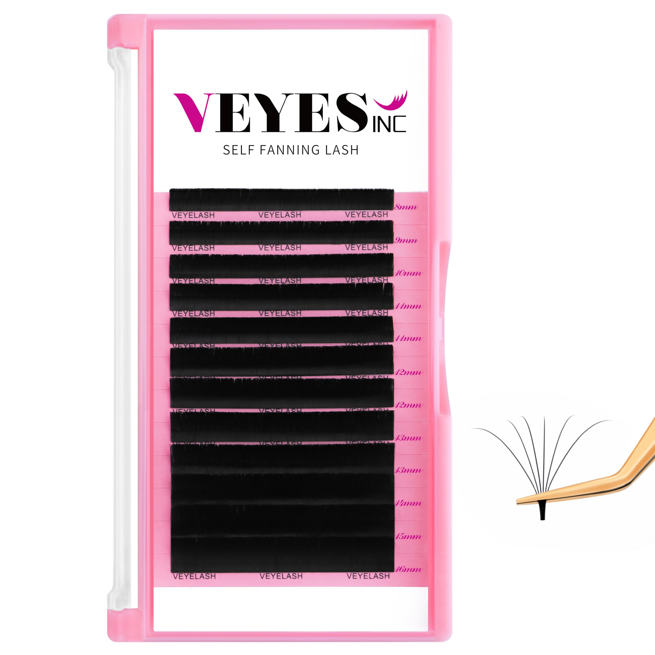 VEYES INC Easy Fan Lashes 0.03 0.05 0.07 C/CC/D Curl 8-20mm Mixed & Single Length Volume Eyelash Extensions Tray, Matte Black, Professional for Lash Techs (0.07 CC 8-16mm)
