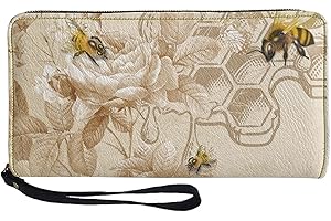 Coldinair Retro Peony Honeybee Womens PU Leather Zip Around Wallet RFID Blocking Coin Phone Clutch Purse with Wristlet for Travel