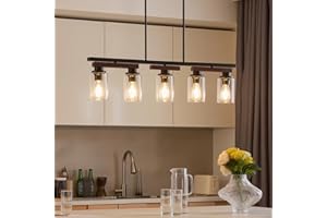GHCKER 5-Light Kitchen Island Lighting & Farmhouse Dining Room Light Fixtures Over Table, Adjustable Rustic Ceiling Hanging Pendant Linear Chandelier - Rotating Design, Customizable Shapes, Glass & Walnut