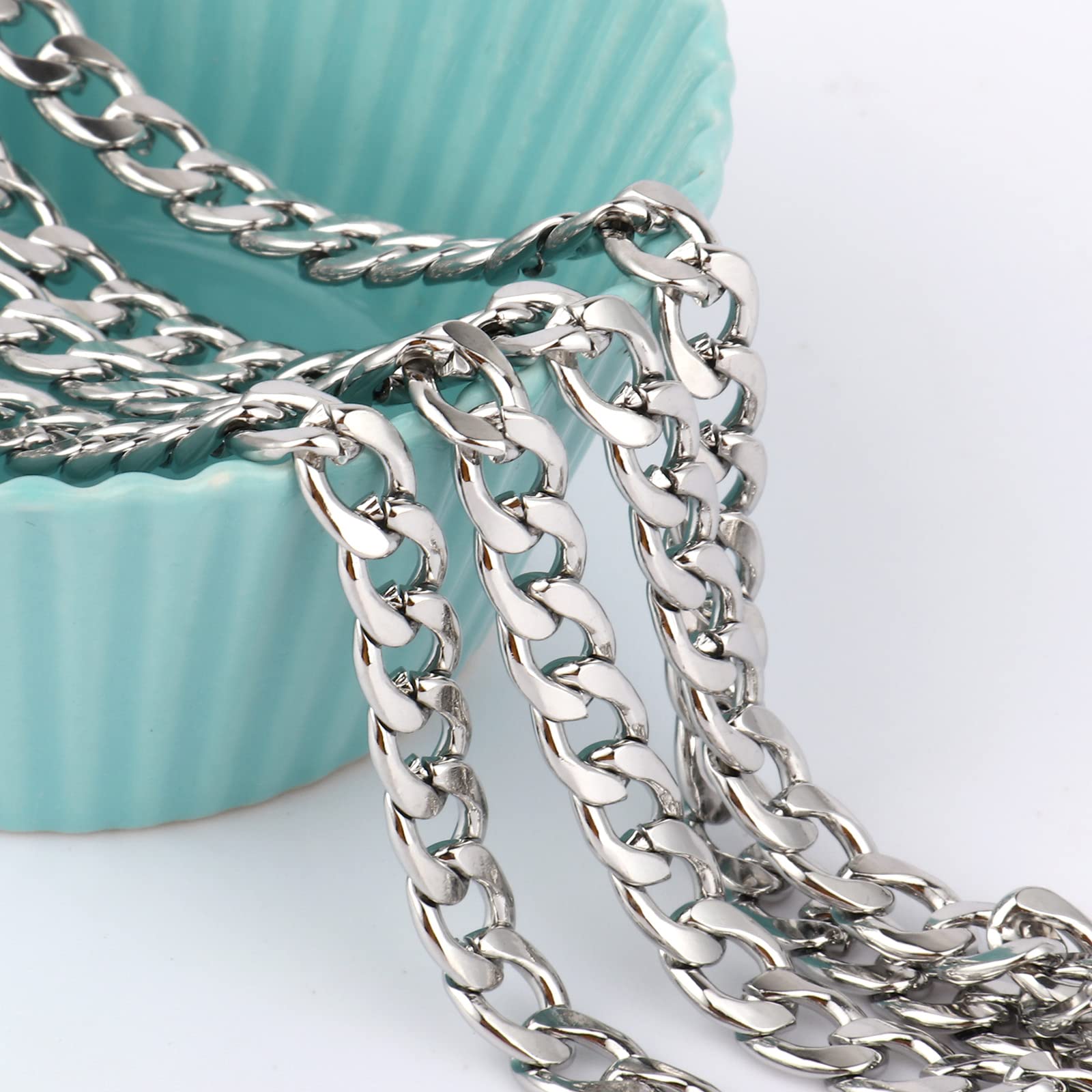 16.5 Ft Stainless Steel Curb Chains, 5mm 6mm 7mm 9mm Cuban Chain Roll Bulk for Jewelry Making