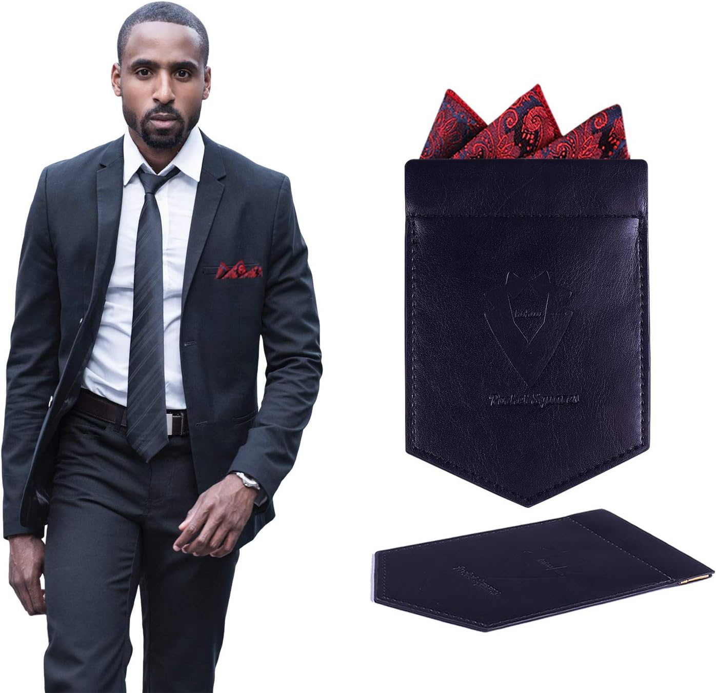 Pocket Square Holder for Men, Pocket Square for Mens Suits Handkerchief (Black)