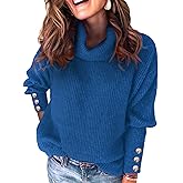 SunnyMelody Womens Turtleneck Dressy Sweater Fall 2025 Button Long Sleeve Pullover Sweaters - Cozy Ribbed Knit, Loose Fit