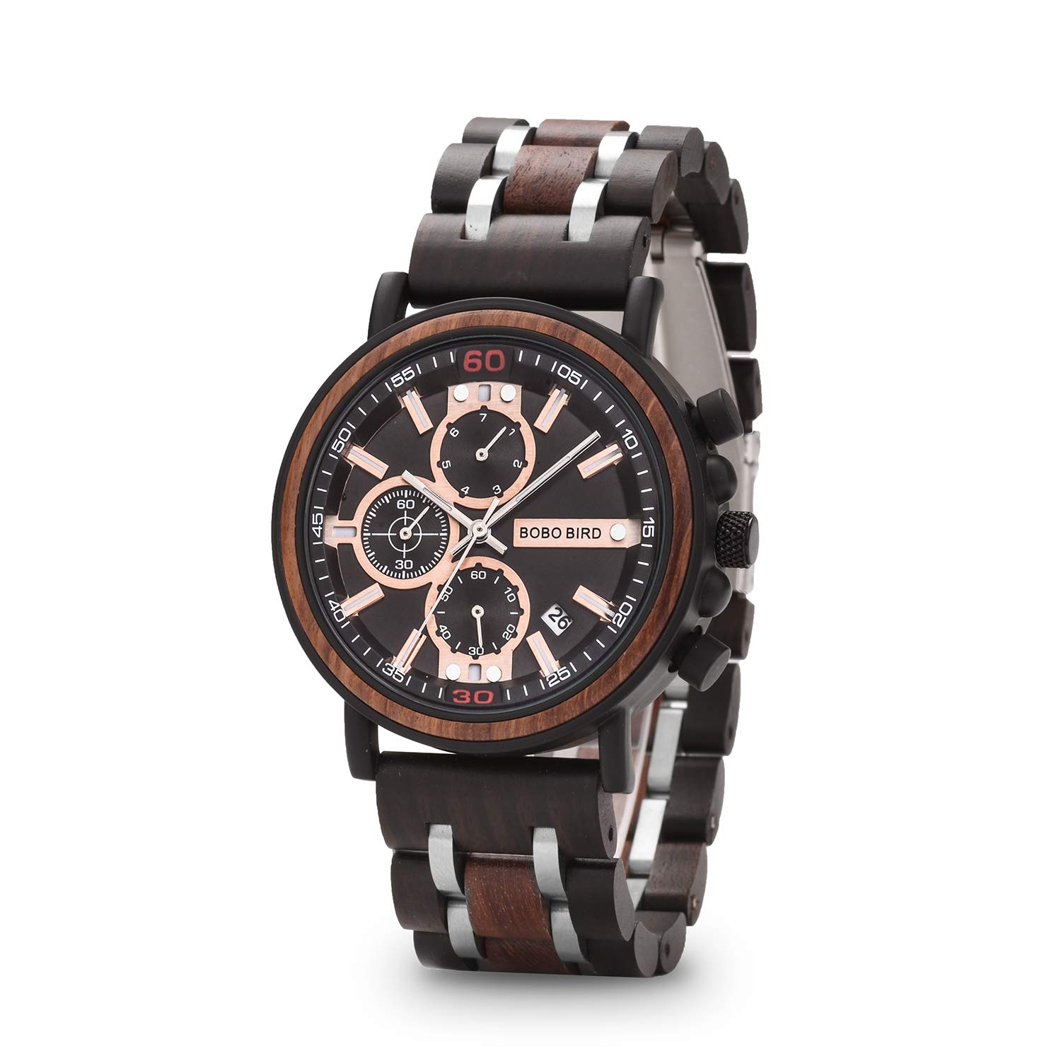 BOBO BIRD S18-1 Mens Wood Watch with Chronograph and Luminous Pointers Wooden Stainless Steel Combined Quartz Analog Timepiece for Men
