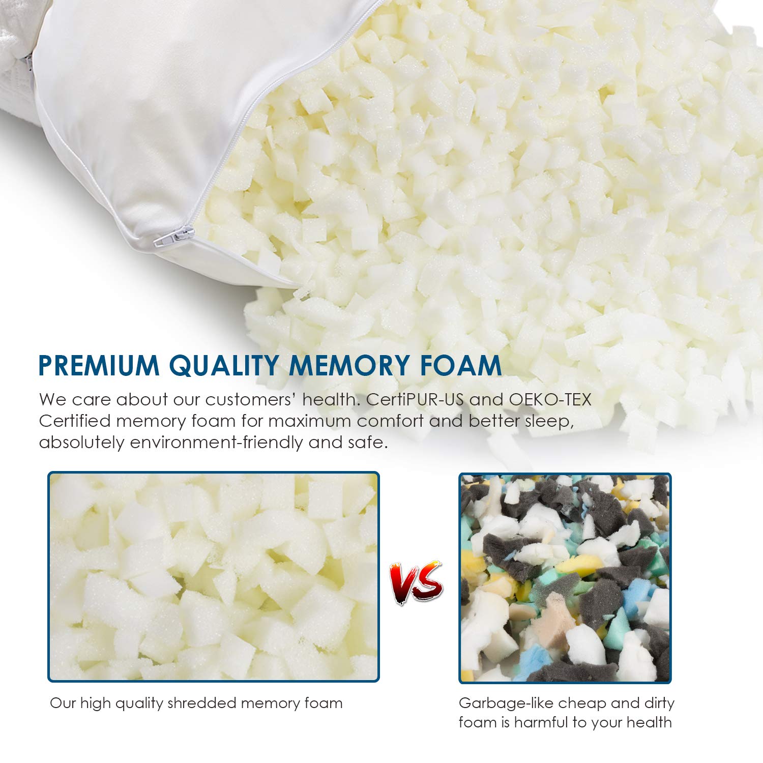 HIFORT Shredded Memory Foam Cooling Pillow - Queen Bed Pillows for Sleeping with Hypoallergenic Removable Bamboo Cover - Hotel Quality Adjustable Loft for Stomach Back and Side Sleeper