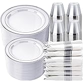 realluck 350 PCS White and Silver Plastic Dinnerware Set for 50 Guests, 100 Disposable Plates for Party, 50 Pre Rolled Napkins with Silver Silverware, 50 Cups