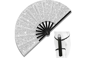 Raveahem 13" Large Folding Rave Fan with Holster, Clack Hand Fans Foldable for Line Dancing, Boots On The Ground Fan for Women Men Festival EDM Party Decoration, Glitter Silver