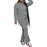 PINSV Womens 2 Piece Outfits Casual Sets Long Sleeve Top and Flare Pants Lounge Sets Tracksuit