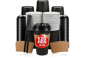 RAZCC 120 Pack 16oz Paper Coffee Mugs for Hot Chocolate Drinks, Disposable Black Coffee Mugs, Set of Four Including Cup, Lid,