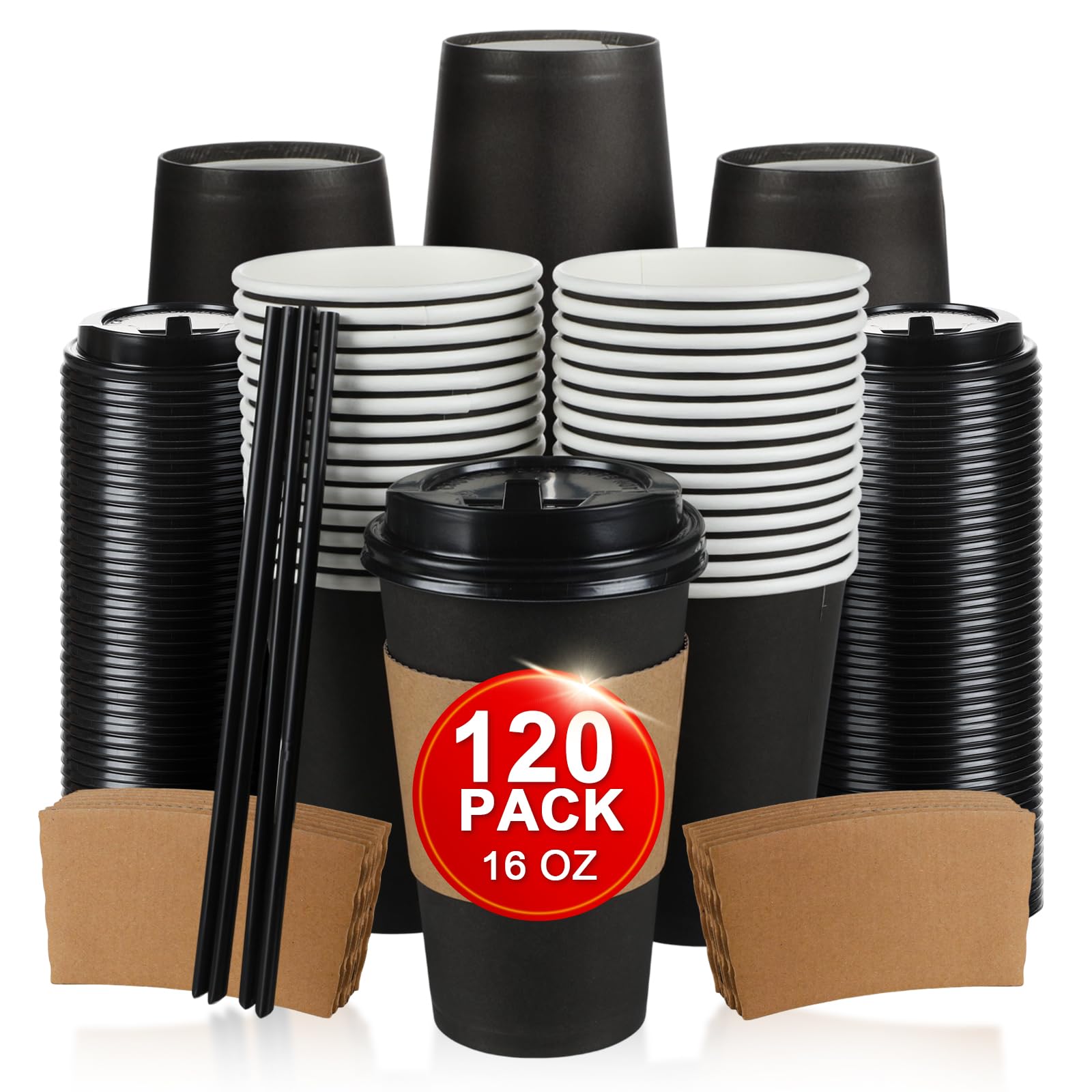 Photo 1 of RAZCC 120 Pack 16 oz Paper Coffee Cups Set, Disposable Black Coffee Cups with Lids, Sleeves and Stirring Sticks, Fit For Cold and Hot Drinks