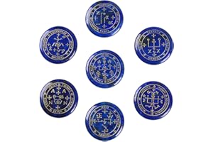 dssmboom Set of 7 Polished Lapis Lazuli Crystal Engraved Magic Archangel Symbols Wicca Stones for Meditation Chakra Balancing, Collectible & Decorative Pocket Worry Palm Stone for Home Decor