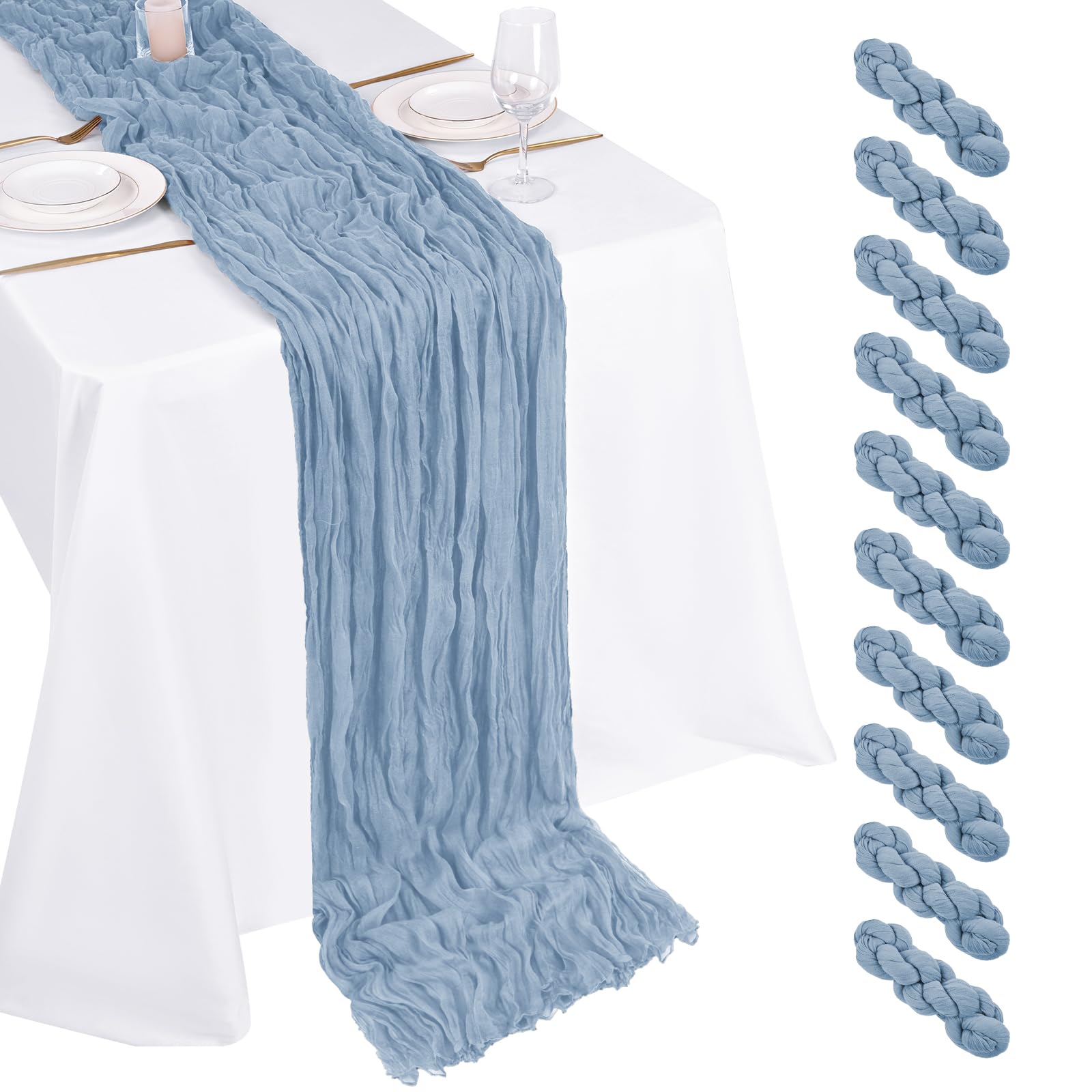 Photo 1 of 10 Pack Dusty Blue Cheesecloth Table Runner 17x108 Inch Boho Gauze Cheese Cloth Table Runners for Wedding Party Baby Shower Birthday Home Decor