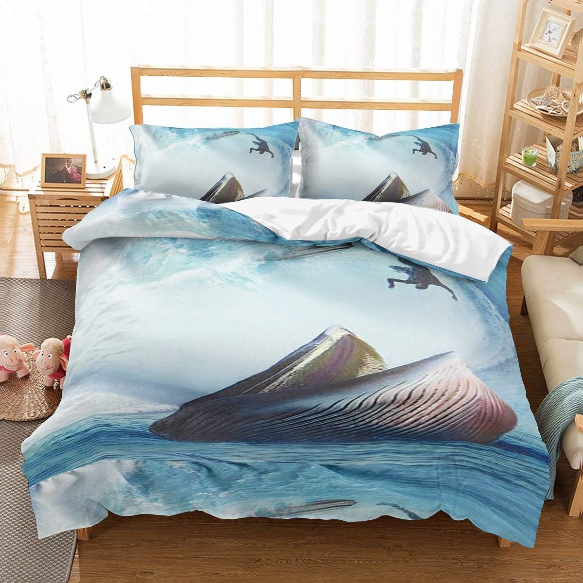 PATATINO MIO 3D Digital Printed Shark Bedding Full Shark Open Big Mouth Eating Surfing Man Blue Duvet Cover Set 3PCS for Kids Boys Girls 1 Duvet Cover 2 Pillowcase