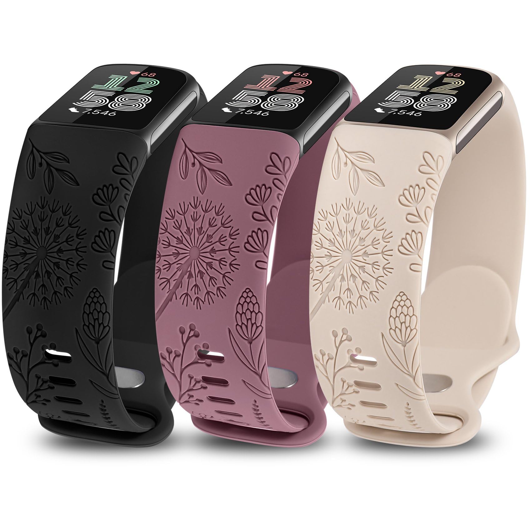 TOYOUTHS 3 Packs Floral Engraved Compatible with Fitbit Charge 5/Charge 6 Strap for Women, Soft Waterproof Silicone Sport Band with Cute Dandelion Flower Pattern, Black/Smoked Violet/Starlight
