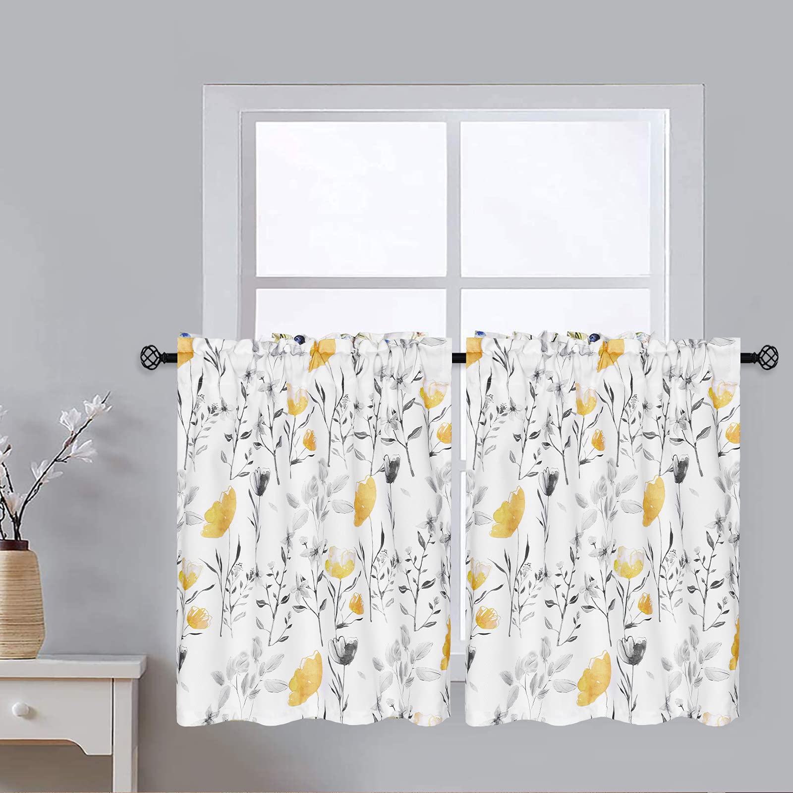 Photo 1 of VERTKREA Tier Curtains, Yellow Flower Watercolor Kitchen Curtains, Yellow Gray Floral Rod Pocket Window Treatment Tier Pair for Kitchen Bathroom RV Basement Laundry, Set 2, 26 Inch Wide 24 Inch Long
