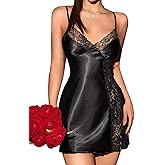 PITINAN Sexy Teddy Lingerie for Women Silk Slip Dress Sexy Pajamas for Women Lace Sleepwear S-XXL