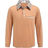 Arshiner Boy's Long Sleeve Plaid Trim Polo Shirt School Uniform Shirt with Pocket for 4-12 Years